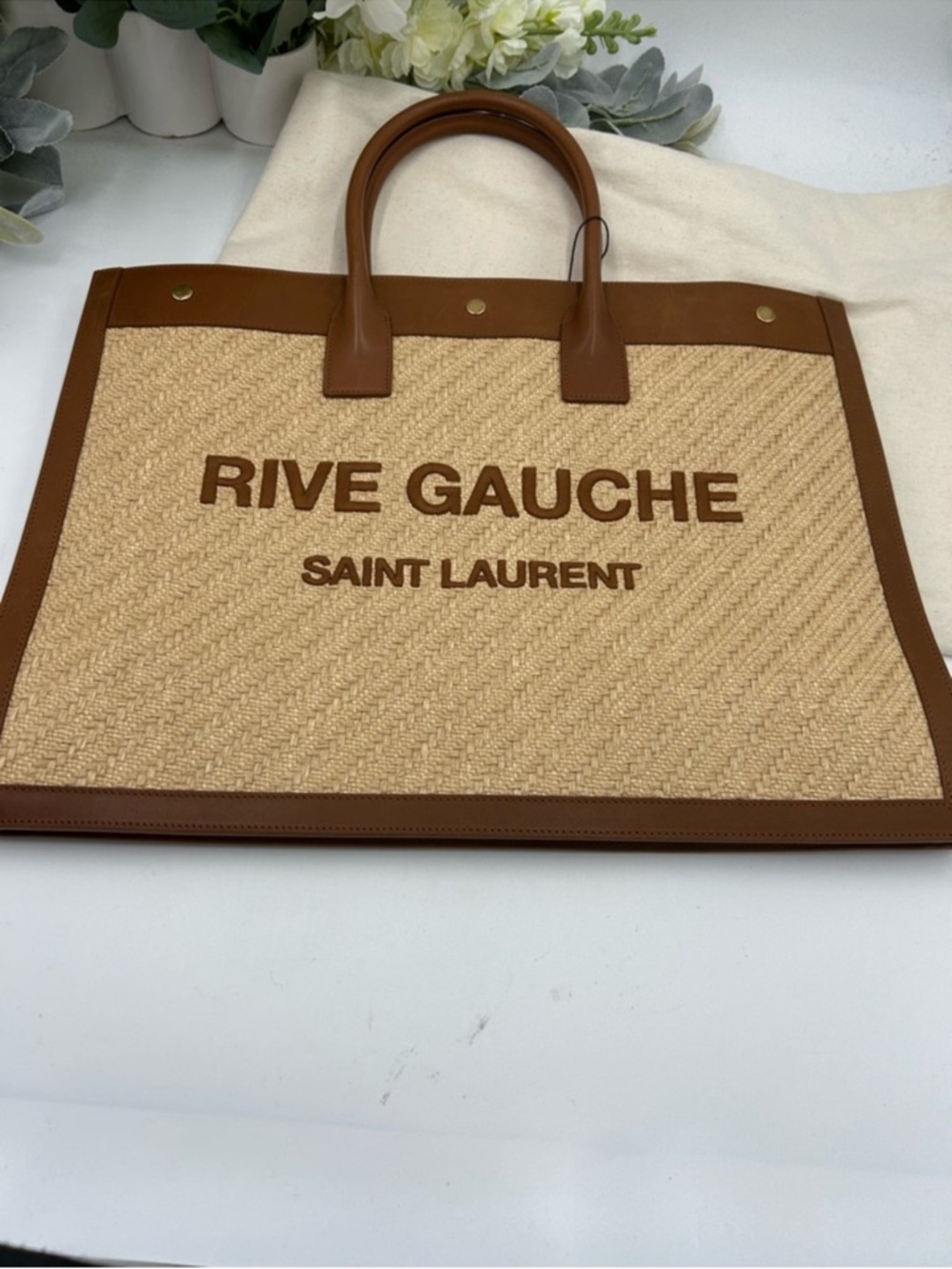 Women’s Saint Laurent RIVE GAUCHE tote bag natural sand, RAFFIAN brick leather - Picture 6 of 15